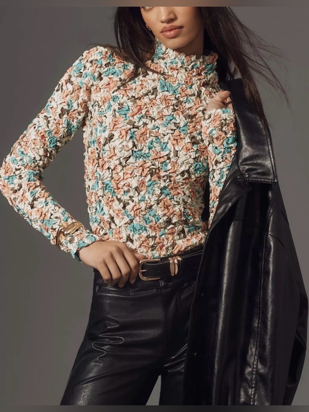 Anthropologie Dolan Left Coast Printed Pebble-Smocked Turtleneck | XS